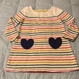 Mini Boden dress with rainbow stripes and navy blue heart pockets 5/6 Y